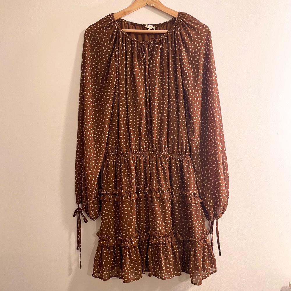 Le Lis Long-Sleeve Brown Polka-Dot Flowy Tiered Dress